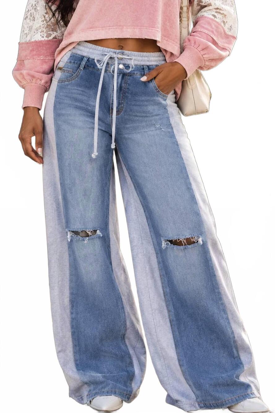 NEW SURELYMINE colorblock denim and sweatpant hybrid wide-leg pants in blue/gray